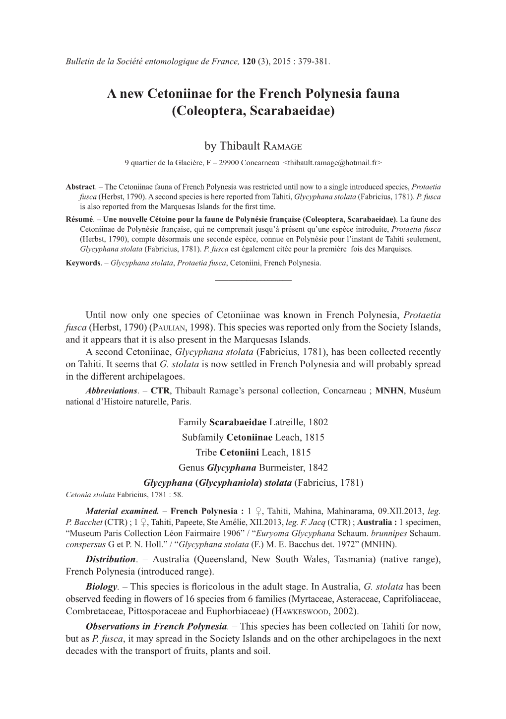 A New Cetoniinae for the French Polynesia Fauna (Coleoptera, Scarabaeidae)