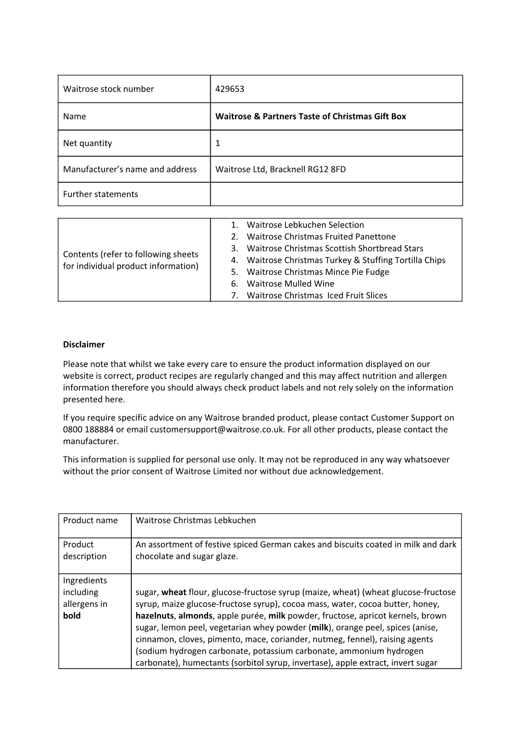Waitrose Stock Number 429653 Name Waitrose & Partners Taste of Christmas Gift Box Net Quantity 1 Manufacturer's Name and A