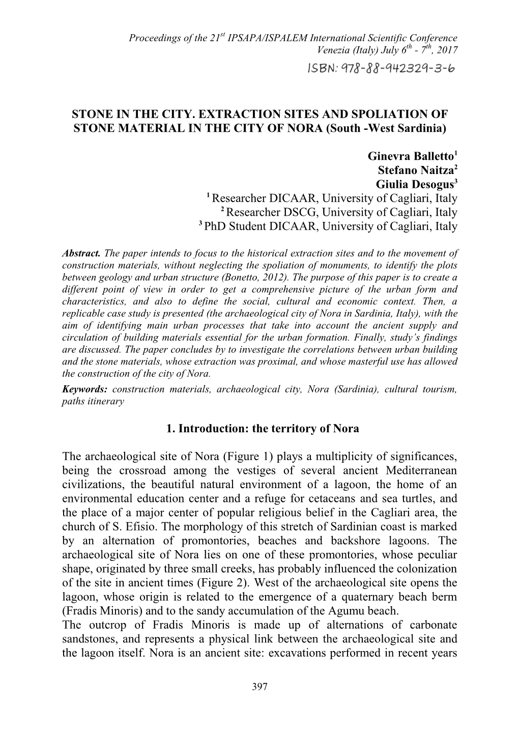 STONE in the CITY. EXTRACTION SITES and SPOLIATION of STONE MATERIAL in the CITY of NORA (South -West Sardinia)