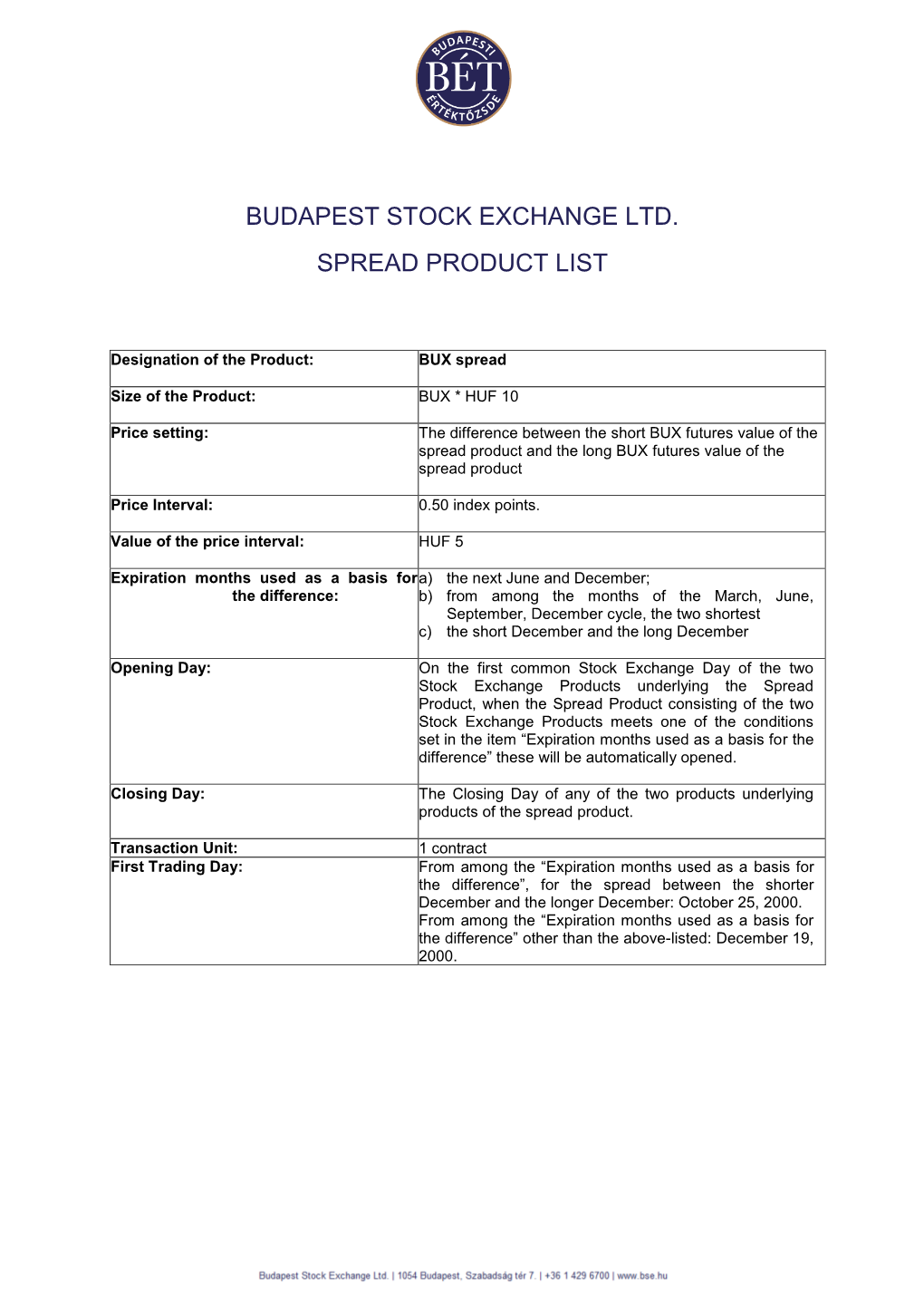 Budapest Stock Exchange Ltd. Spread Product List