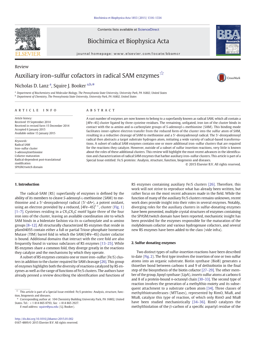 Auxiliary Iron–Sulfur Cofactors in Radical SAM Enzymes☆