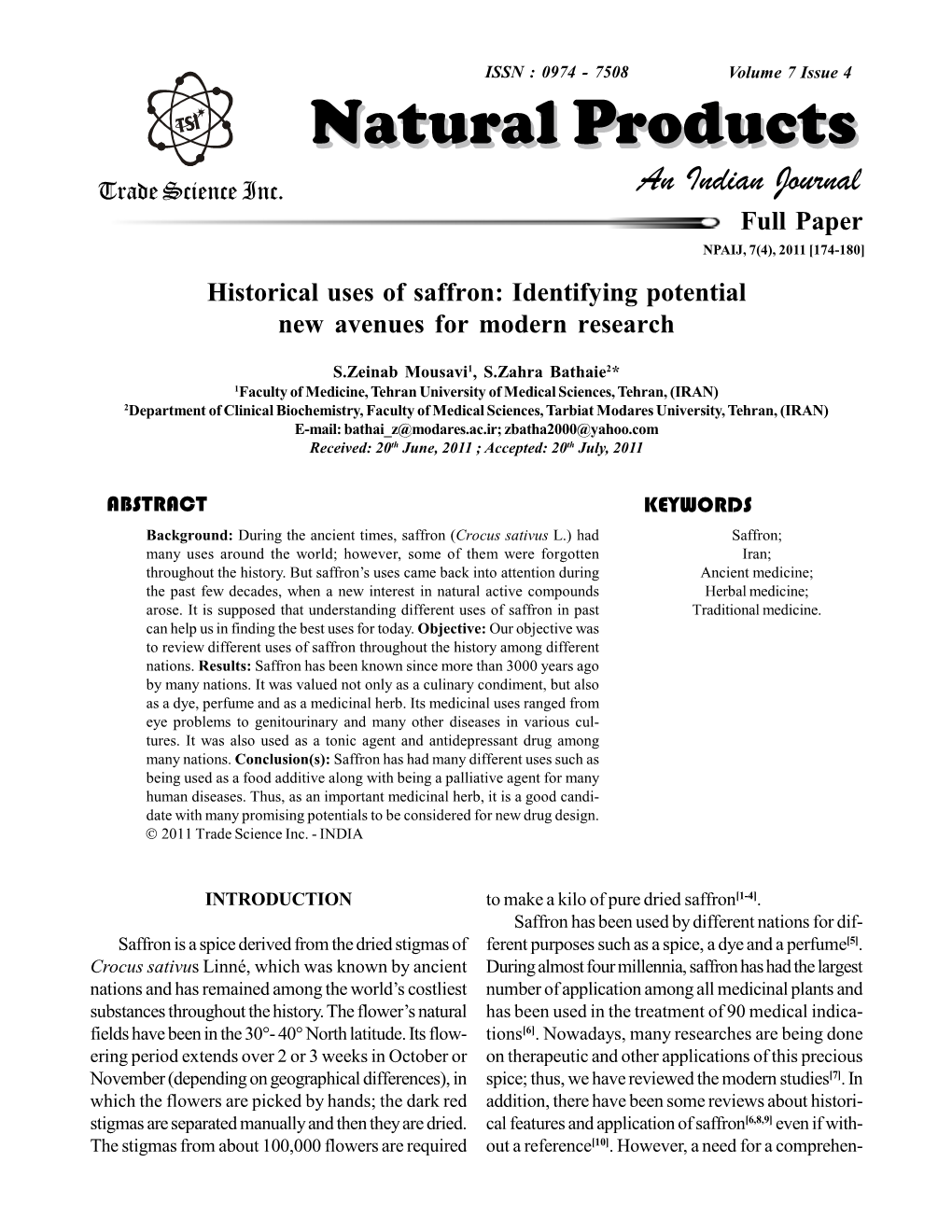 Historical Uses of Saffron: Identifying Potential New Avenues for Modern Research