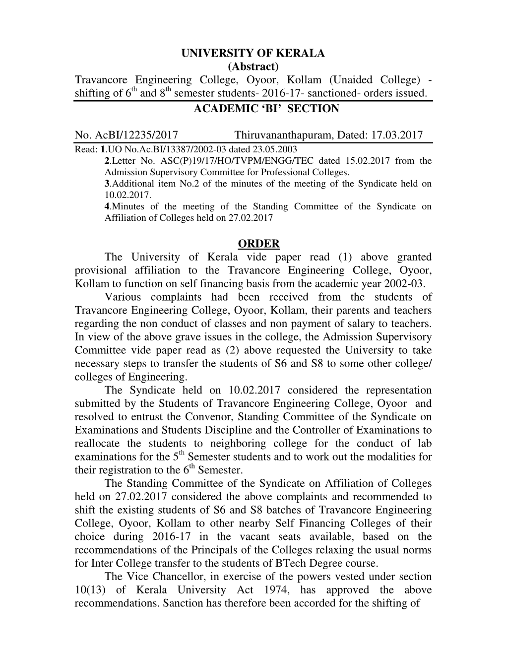 Travancore Engineering College, Oyoor, Kollam (Unaided College) - Shifting of 6 Th and 8 Th Semester Students- 2016-17- Sanctioned- Orders Issued