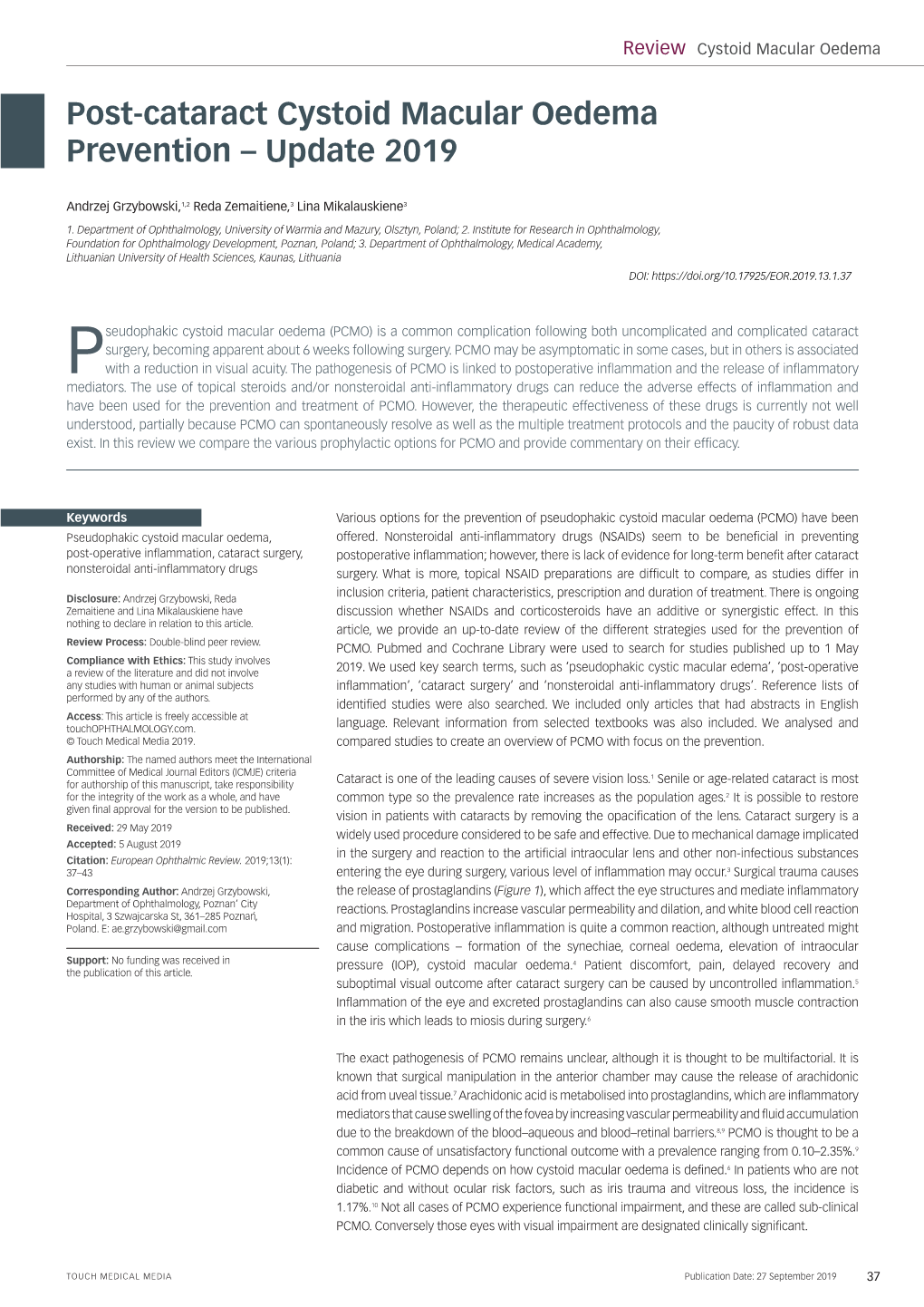 Post-Cataract Cystoid Macular Oedema Prevention – Update 2019