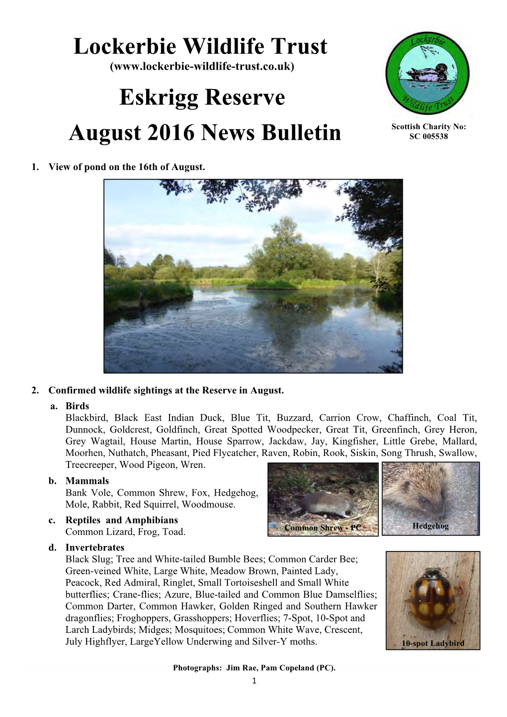 Lockerbie Wildlife Trust Eskrigg Reserve August 2016 News Bulletin