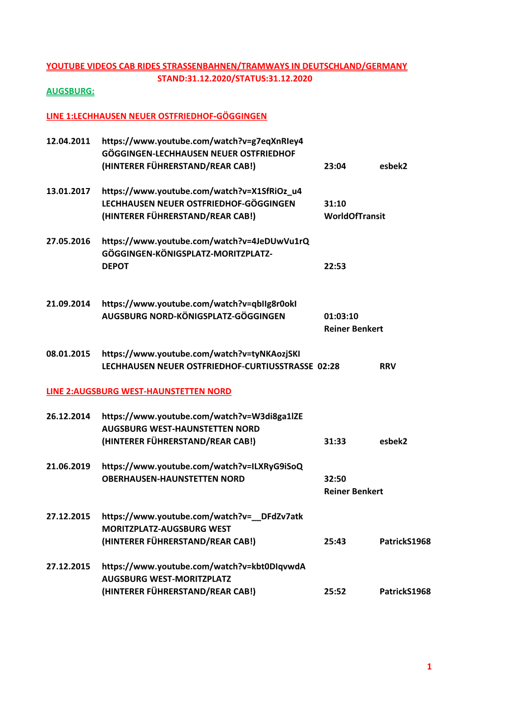 Youtube Videos Cab Rides Strassenbahnen/Tramways in Deutschland/Germany Stand:31.12.2020/Status:31.12.2020 Augsburg