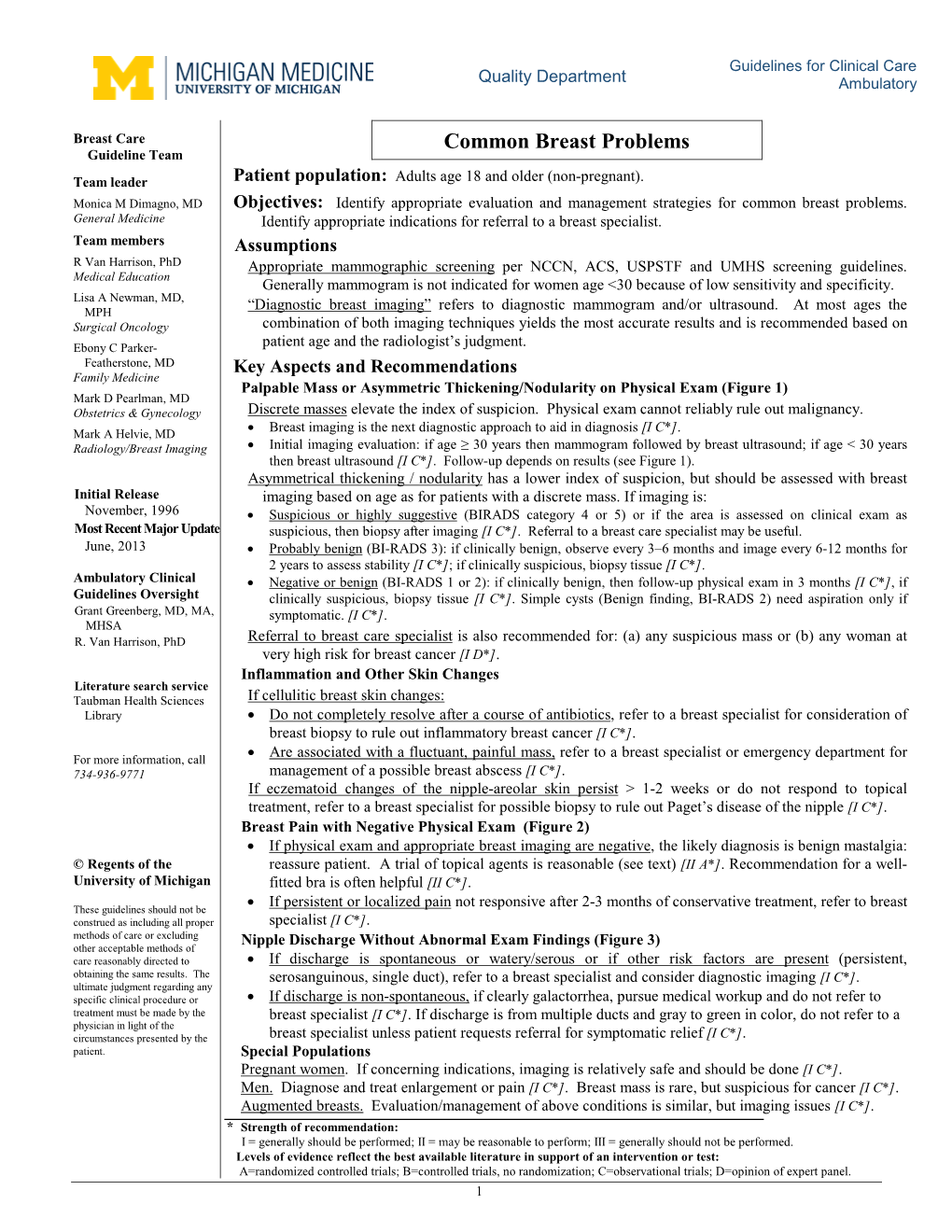 Common Breast Problems Guideline Team Team Leader Patient Population: Adults Age 18 and Older (Non-Pregnant)