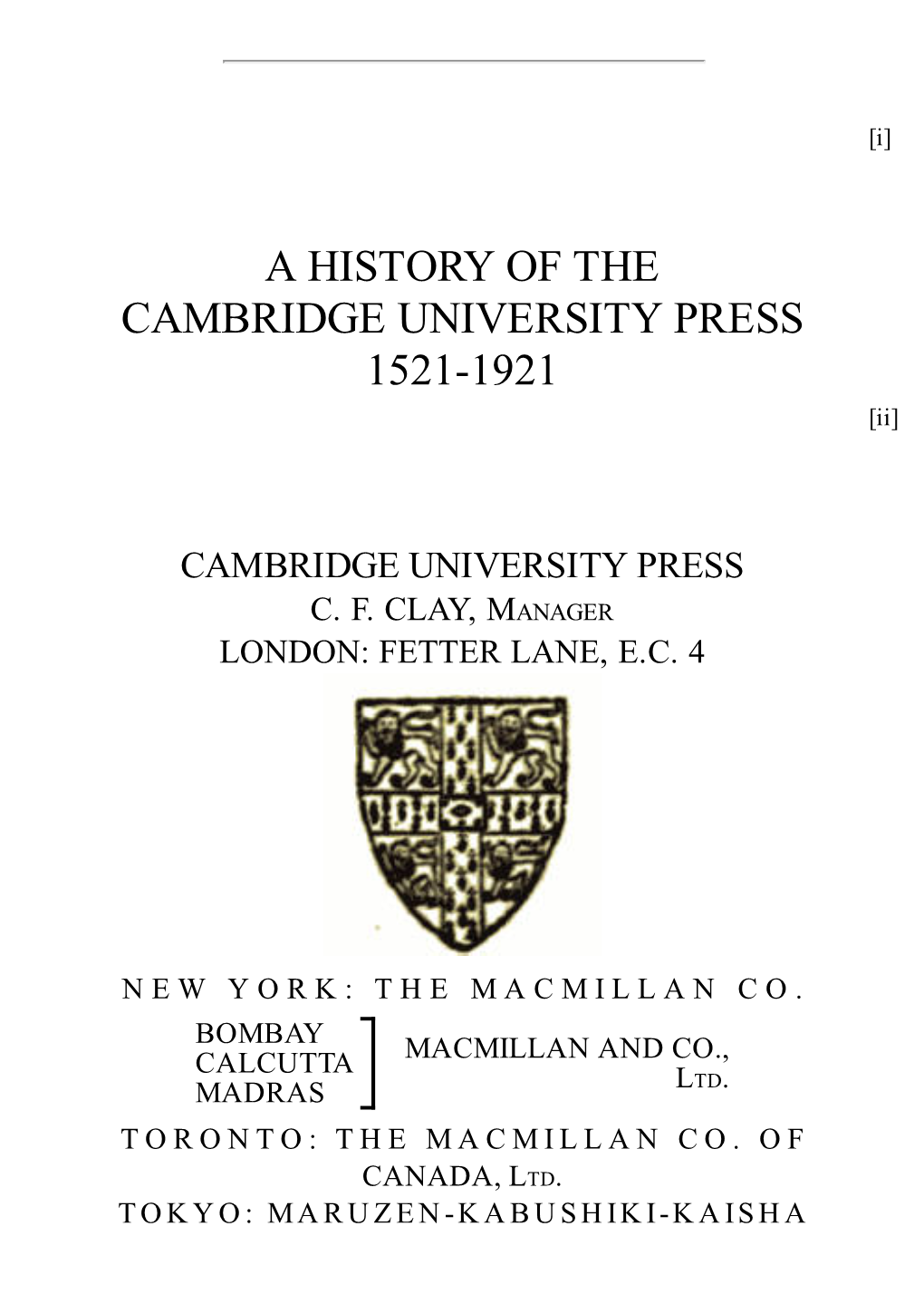 A HISTORY of the CAMBRIDGE UNIVERSITY PRESS 1521-1921 [Ii]