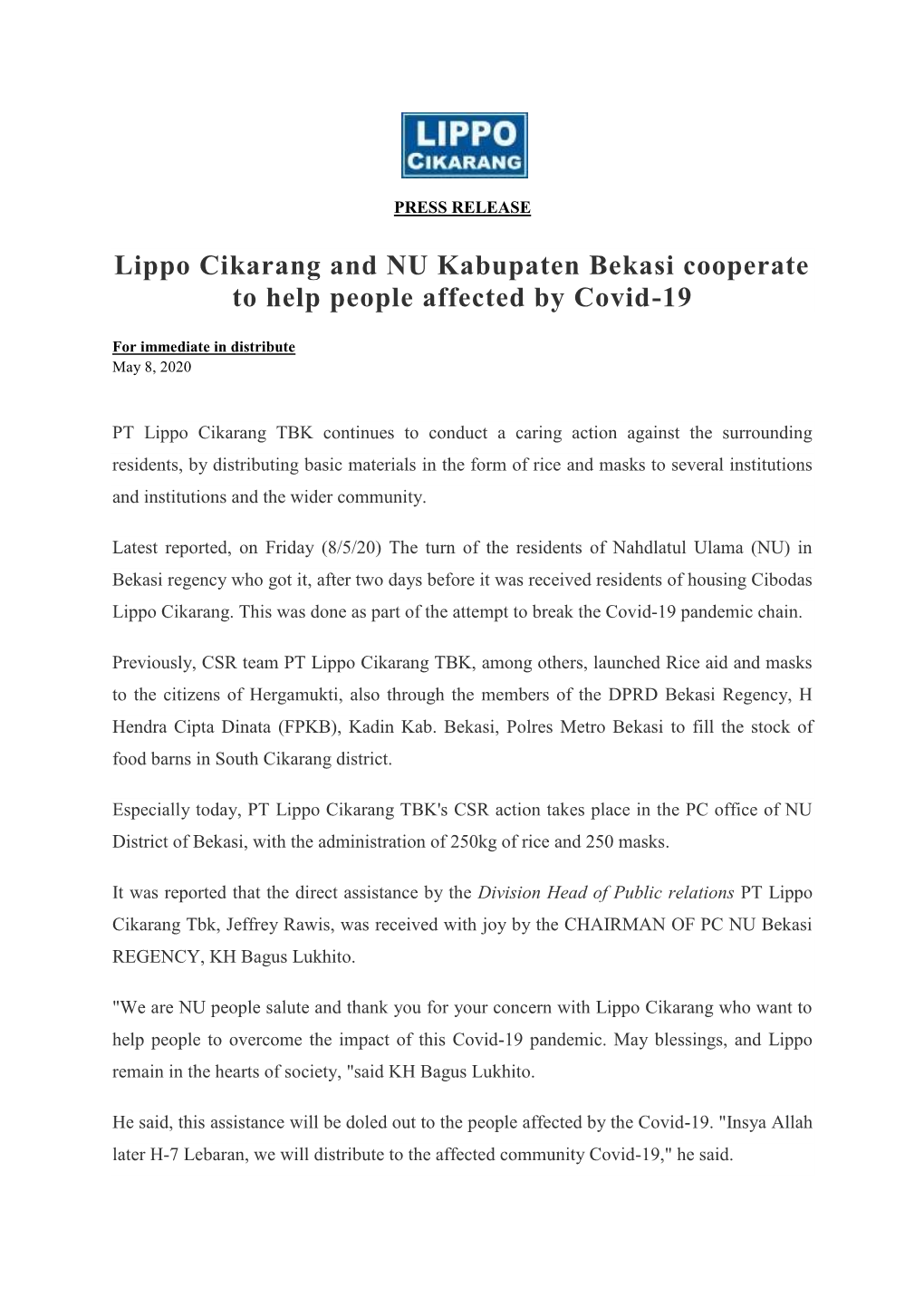 Lippo Cikarang and NU Kabupaten Bekasi Cooperate to Help People Affected by Covid-19