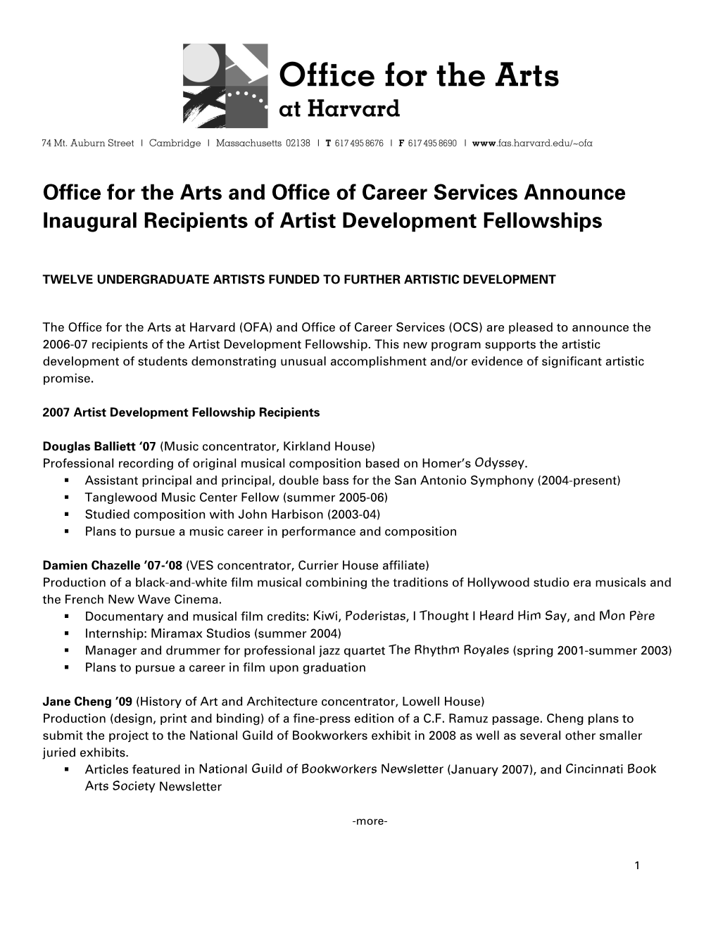 Office for the Arts and Office of Career Services Announce Inaugural Recipients of Artist Development Fellowships