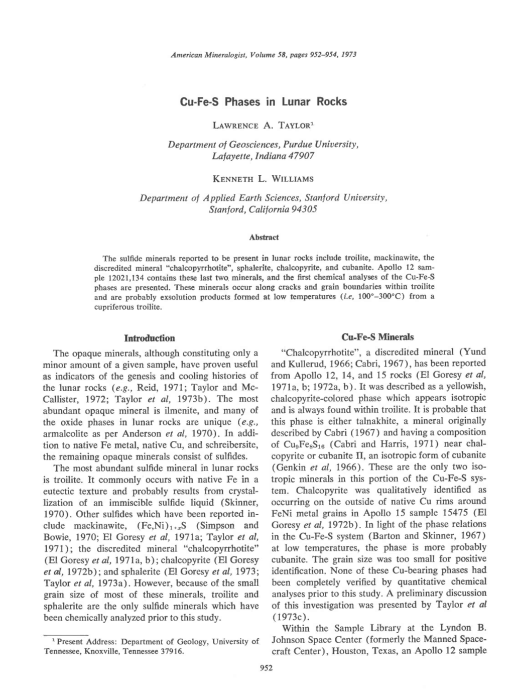 Cu-Fe-S Phases in Lunar Rocks