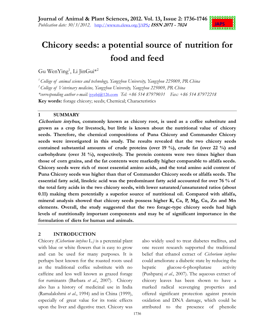 Chicory Seeds: a Potential Source of Nutrition for Food and Feed