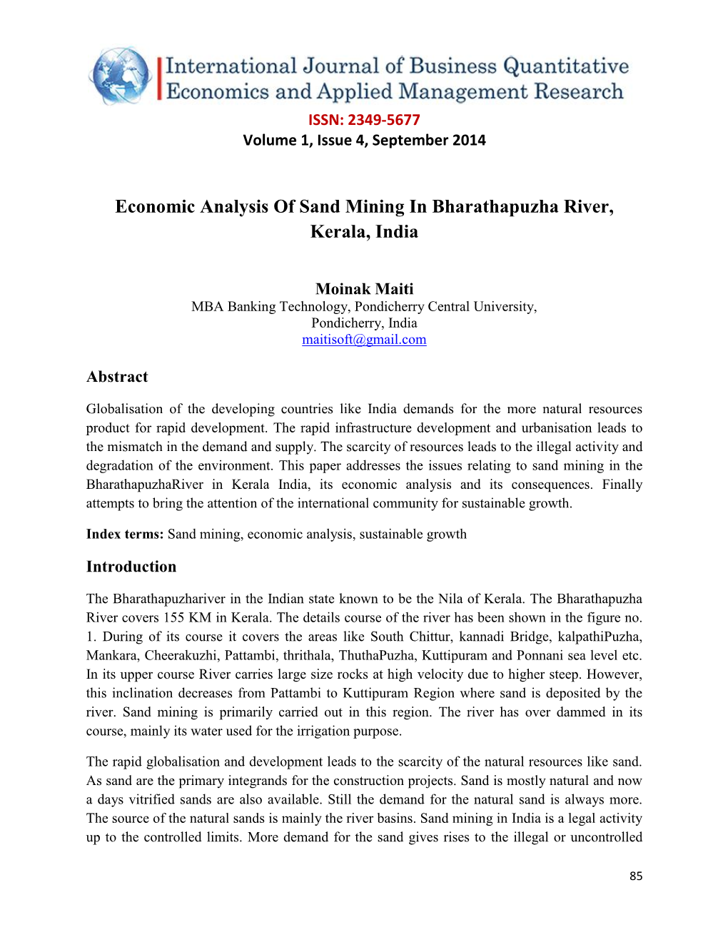 Economic Analysis of Sand Mining in Bharathapuzha River, Kerala, India