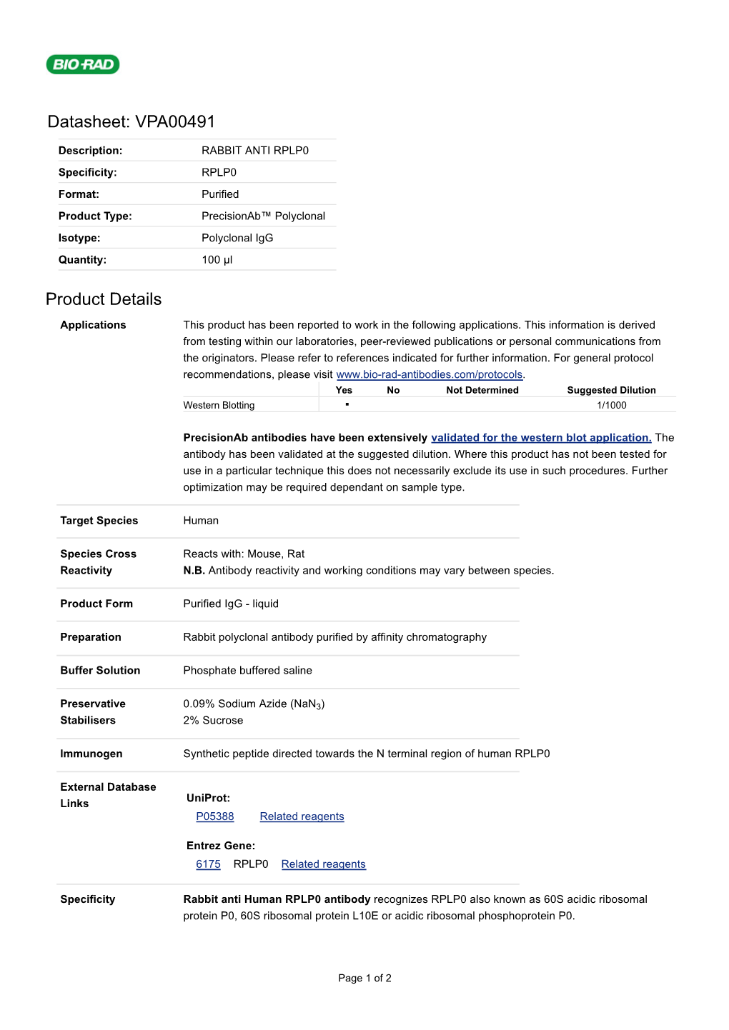 Datasheet: VPA00491 Product Details