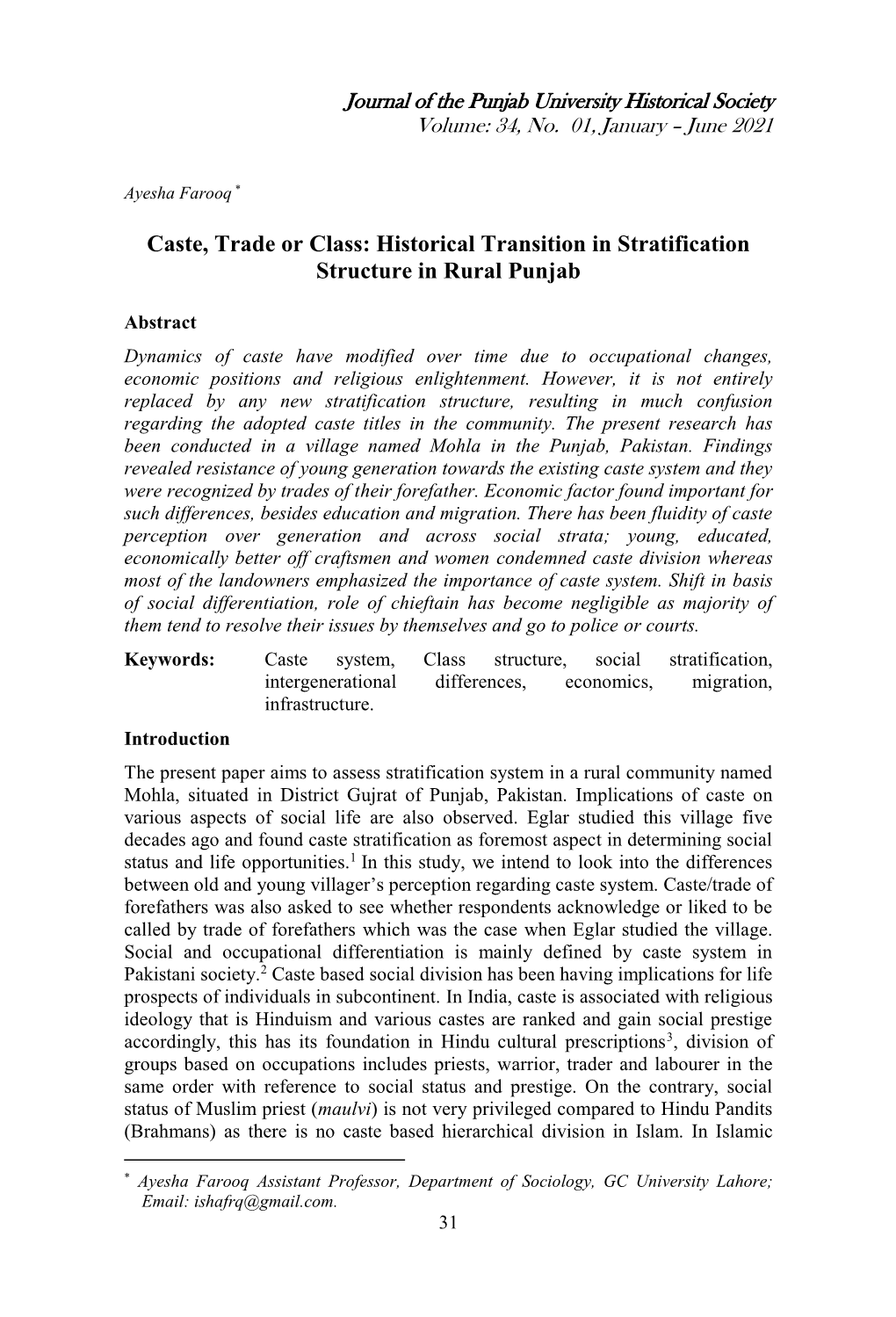 Caste, Trade Or Class: Historical Transition in Stratification Structure in Rural Punjab