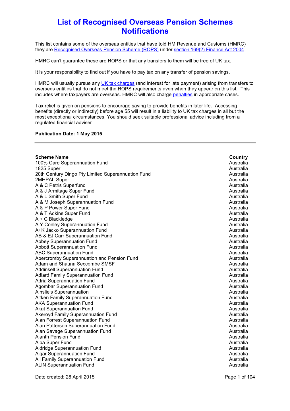 List of Recognised Overseas Pension Schemes Notifications