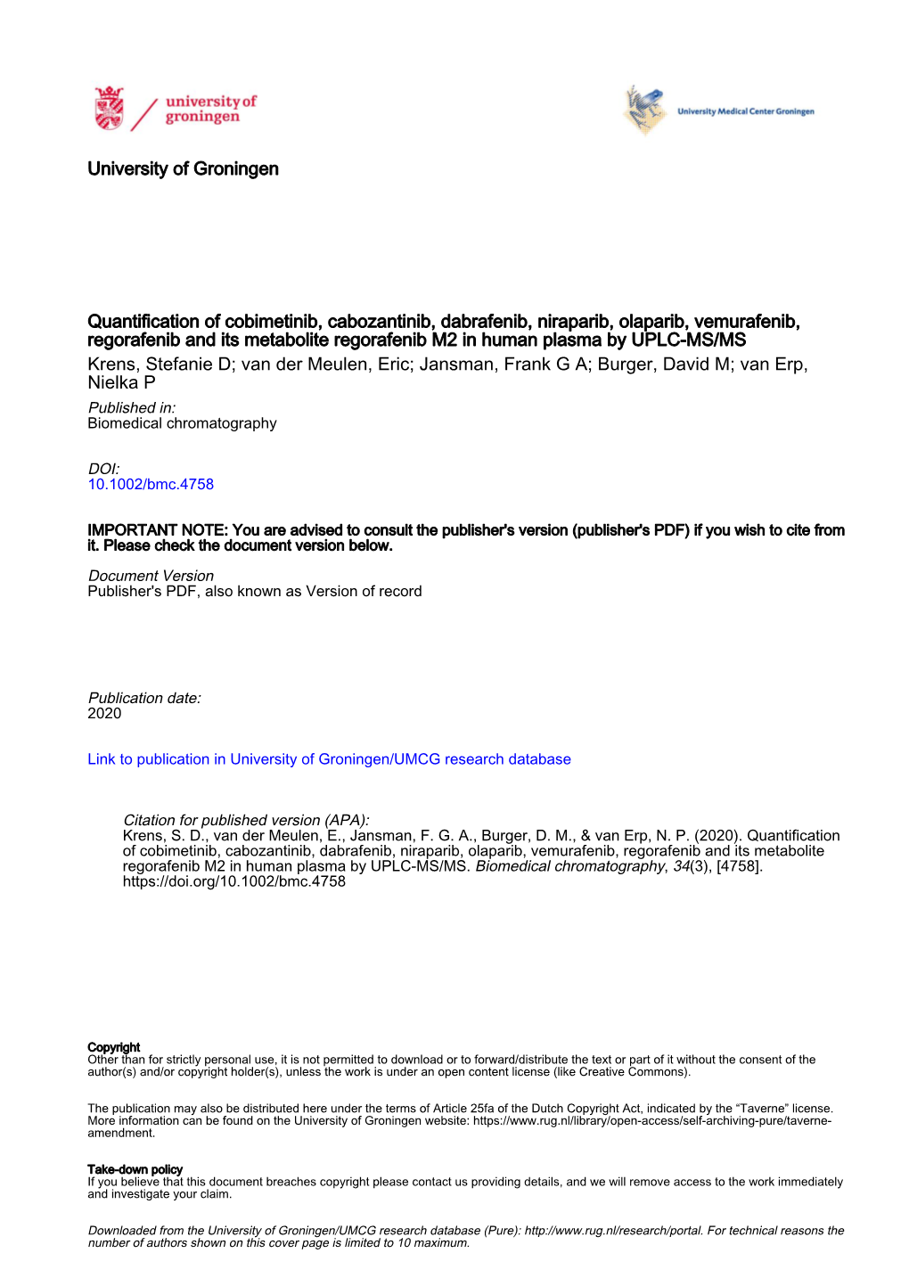 Quantification of Cobimetinib, Cabozantinib, Dabrafenib, Niraparib