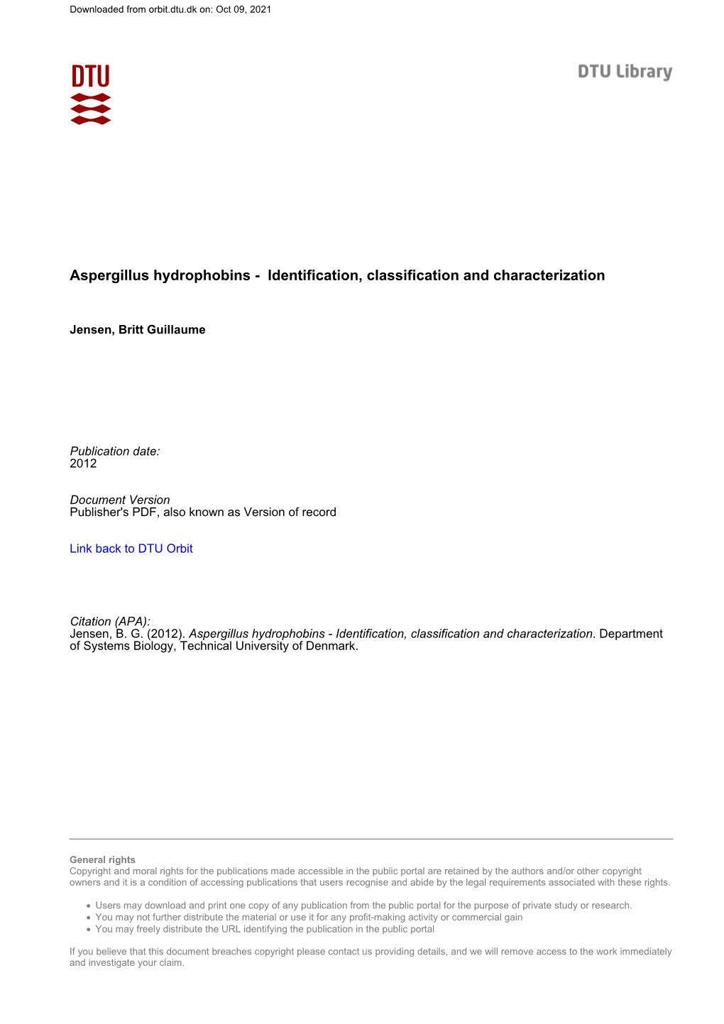 Aspergillus Hydrophobins - Identification, Classification and Characterization