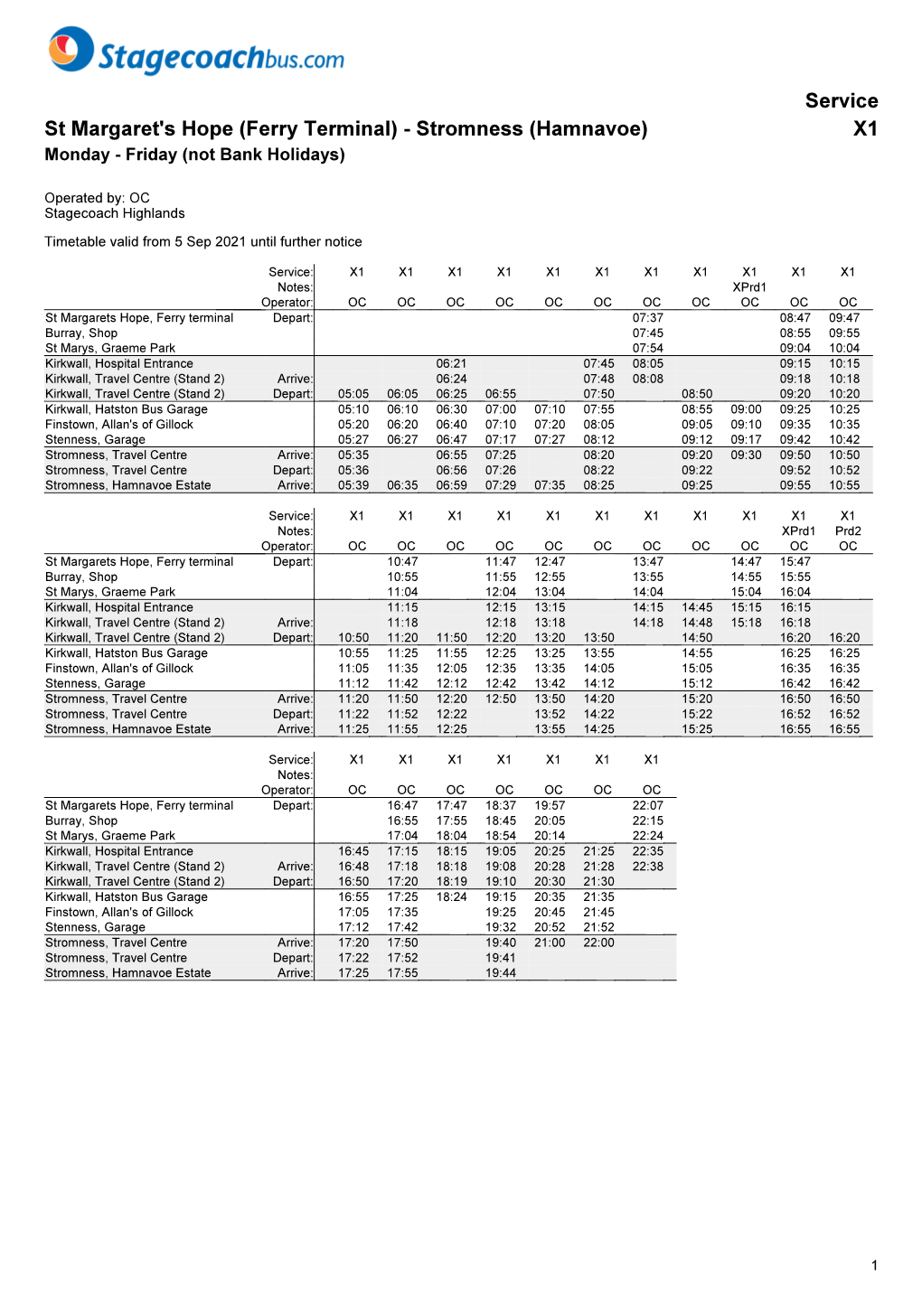 Service St Margaret's Hope (Ferry Terminal) - Stromness (Hamnavoe) X1 Monday - Friday (Not Bank Holidays)