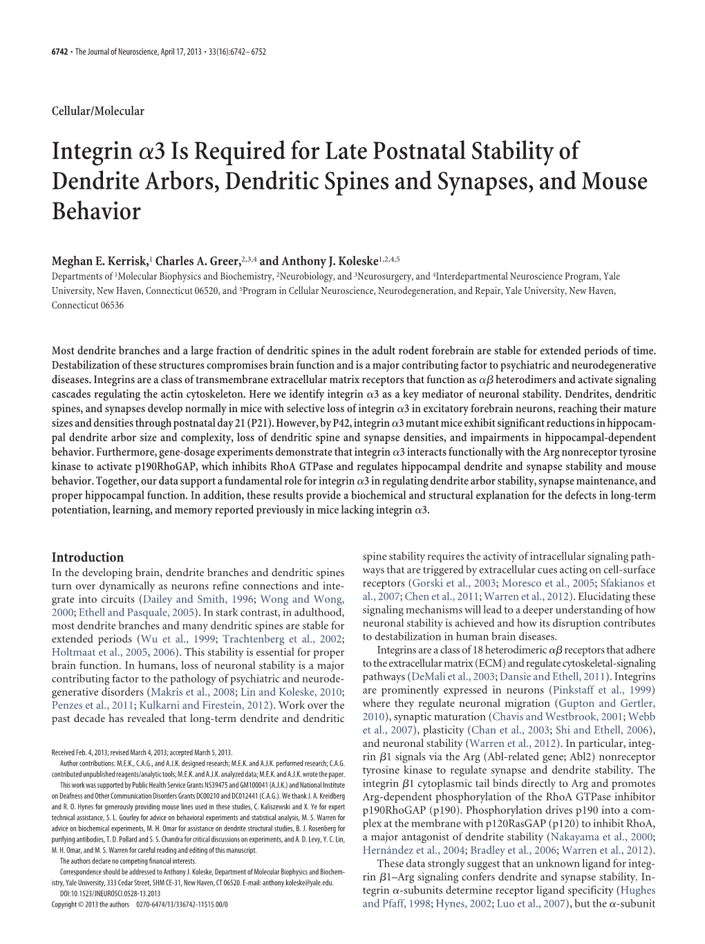 Integrinɑ3 Is Required for Late Postnatal Stability of Dendrite