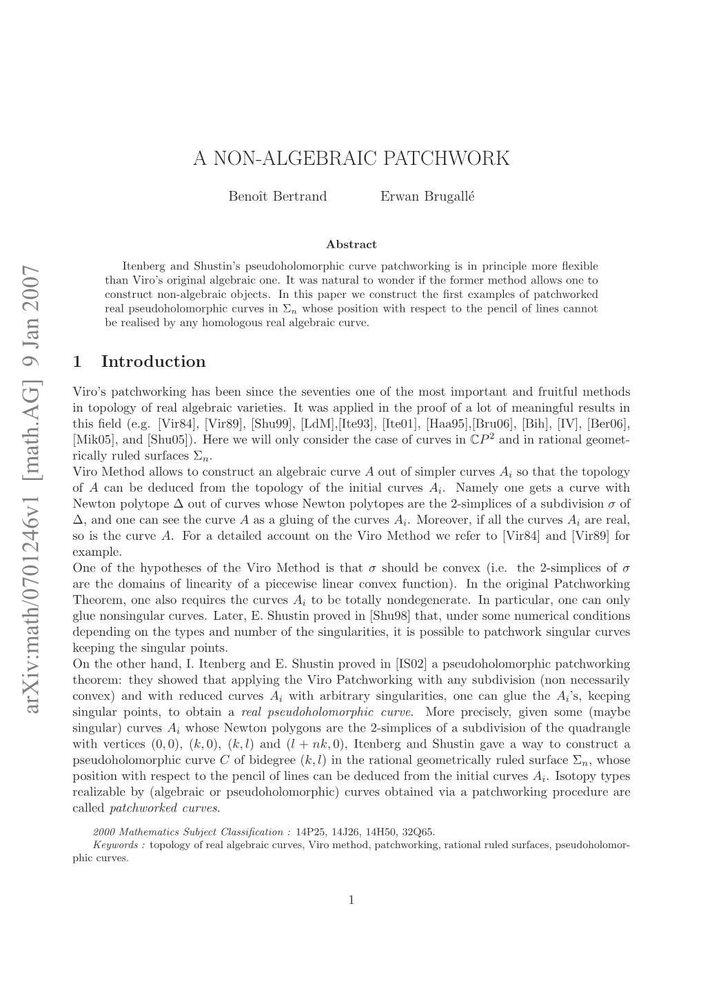 Arxiv:Math/0701246V1 [Math.AG] 9 Jan 2007 Suoooopi Curve Pseudoholomorphic Ihvrie (0 Vertices with a Curves Obtain Singular) to Points, Singular Hccurves