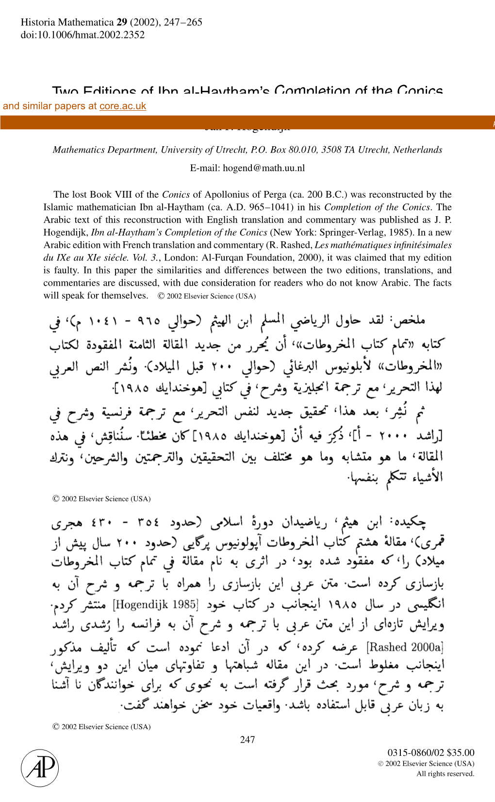 Two Editions of Ibn Al-Haytham's Completion of the Conics