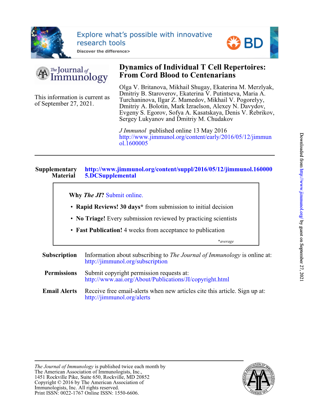 Dynamics of Individual T Cell Repertoires: from Cord Blood to Centenarians Olga V