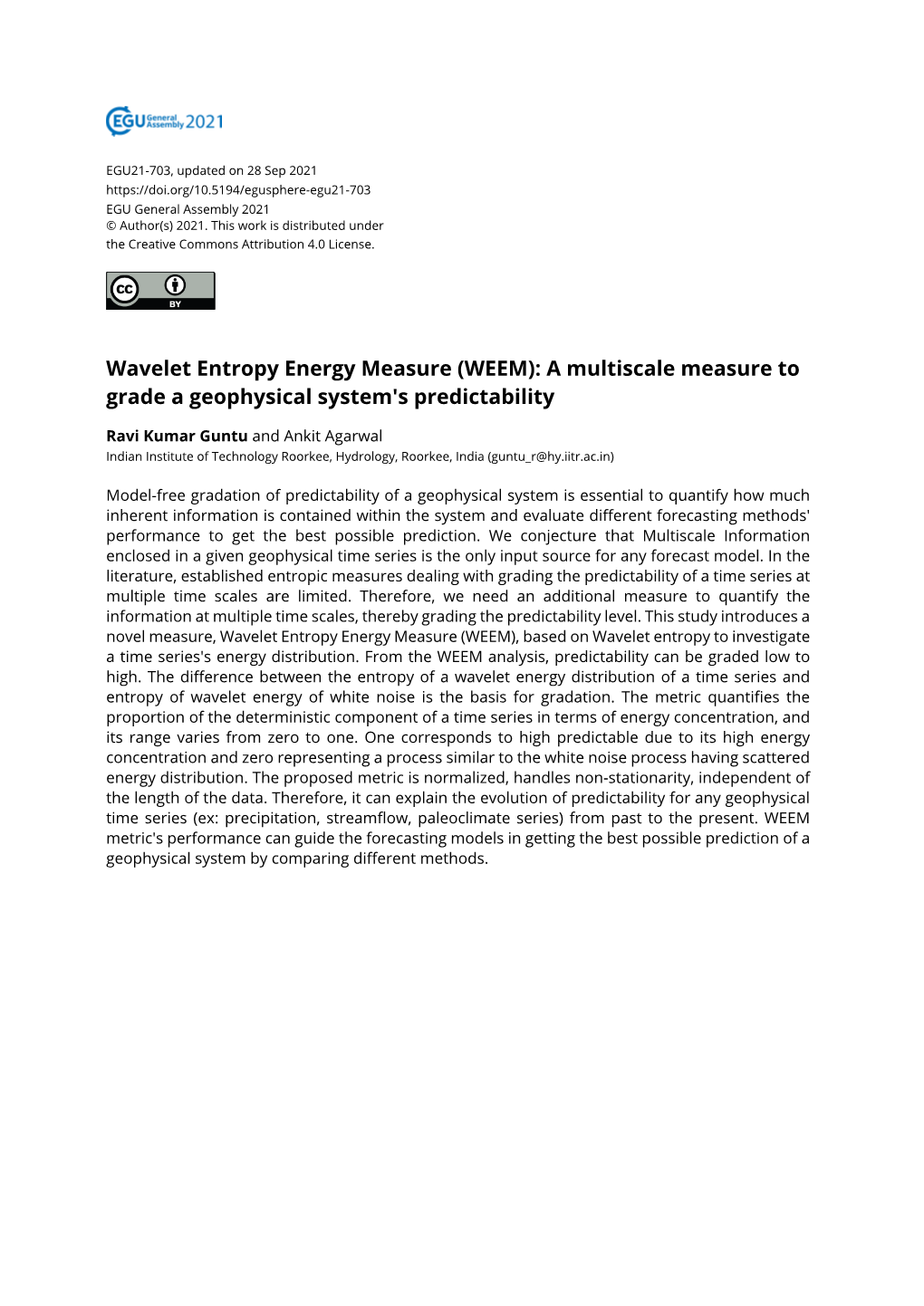 Wavelet Entropy Energy Measure (WEEM): a Multiscale Measure to Grade a Geophysical System's Predictability