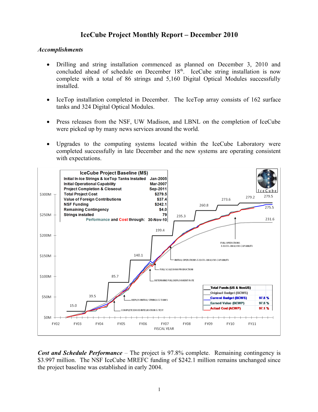 Icecube Project Monthly Report - Month 2009