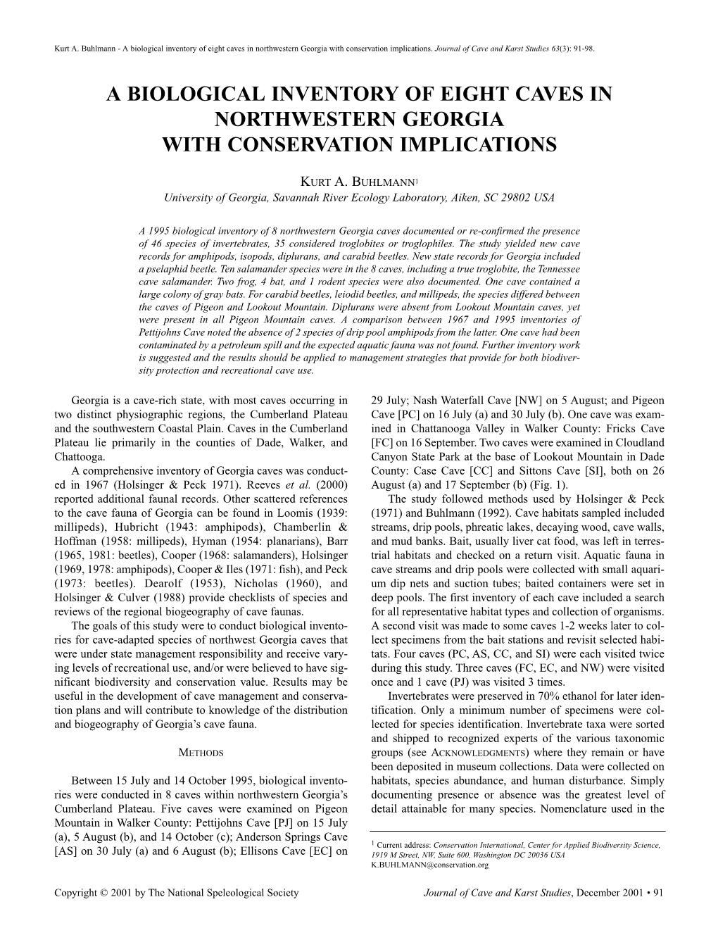 A Biological Inventory of Eight Caves in Northwestern Georgia with Conservation Implications