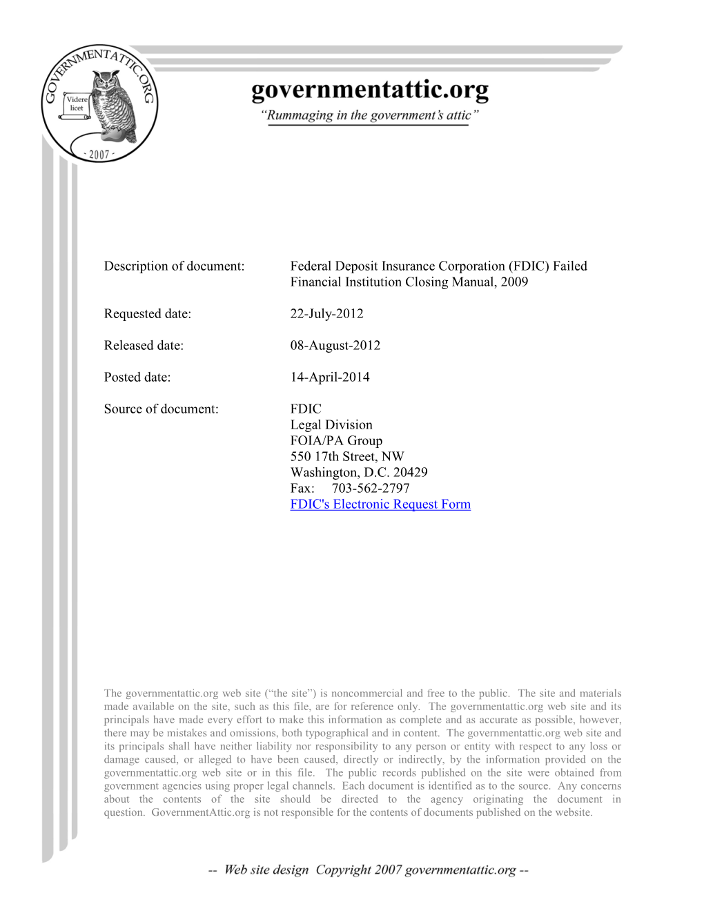 Federal Deposit Insurance Corporation (FDIC) Failed Financial Institution Closing Manual, 2009
