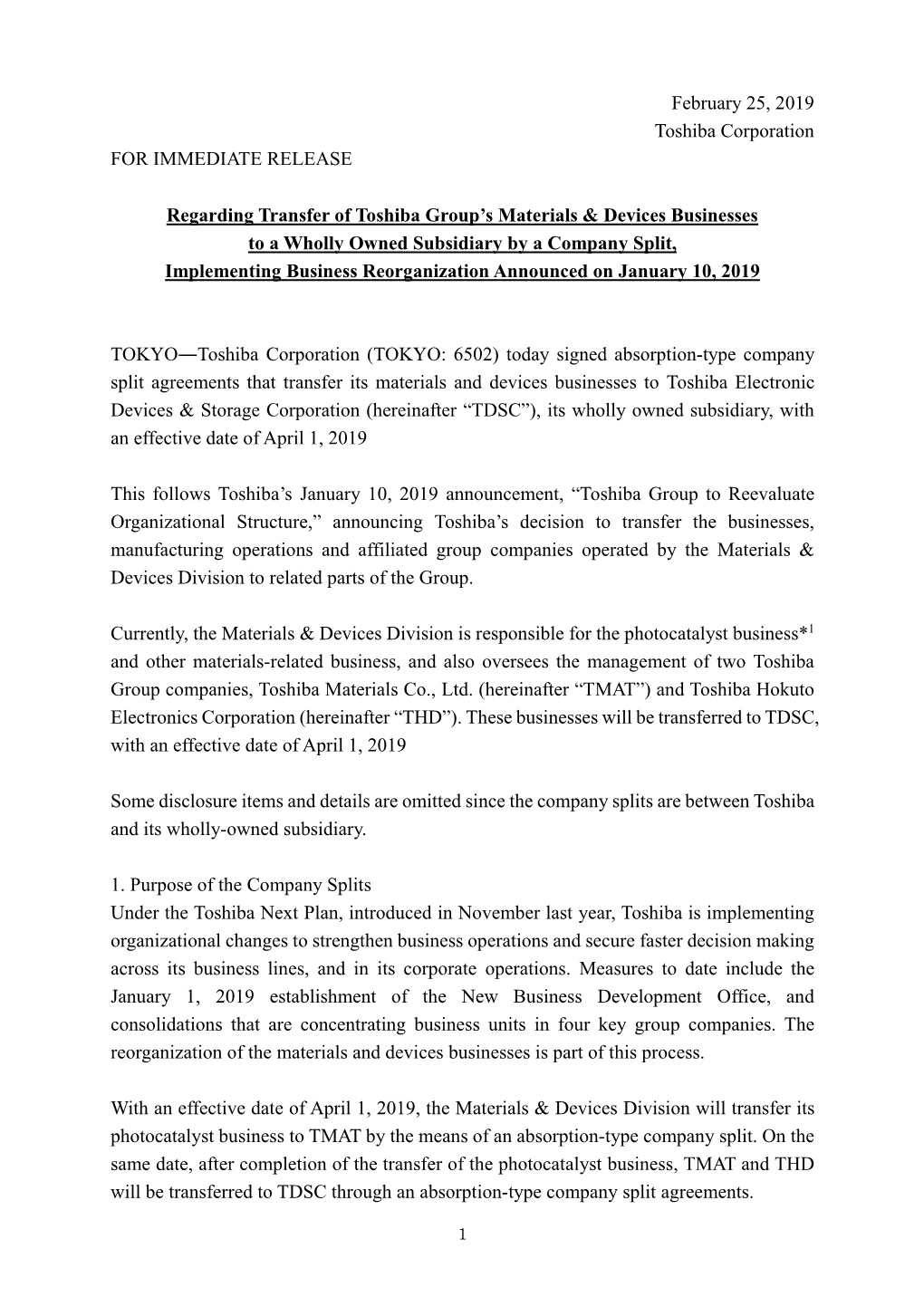 February 25, 2019 Toshiba Corporation for IMMEDIATE RELEASE