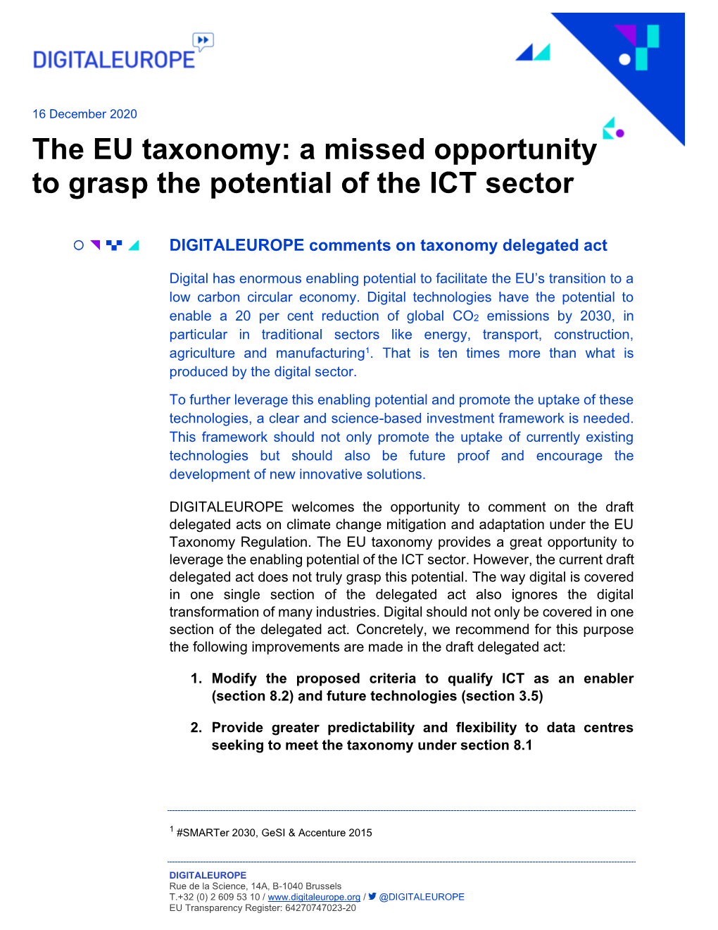 The EU Taxonomy: a Missed Opportunity to Grasp the Potential of the ICT Sector