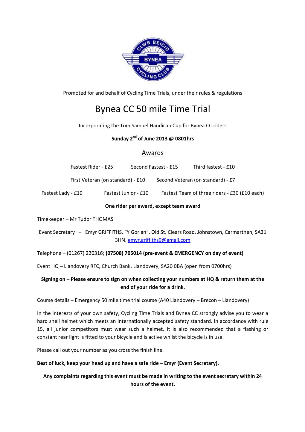 Bynea CC 50 Mile Time Trial