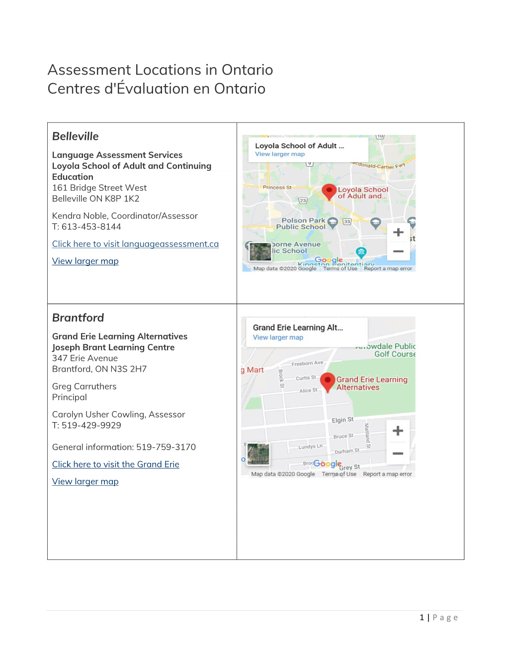 Assessment Locations in Ontario Centres D'évaluation En Ontario