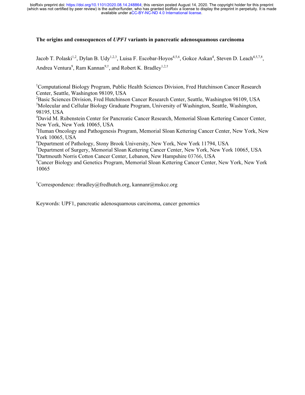 The Origins and Consequences of UPF1 Variants in Pancreatic Adenosquamous Carcinoma