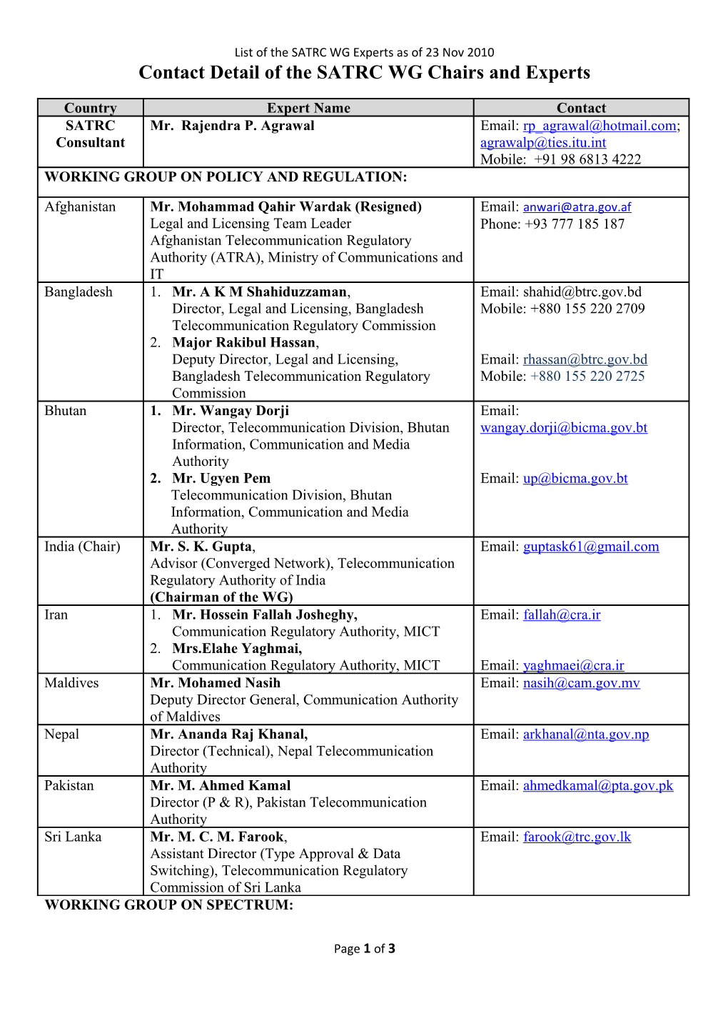 Contact Detail of the SATRC WG Chairs and Experts