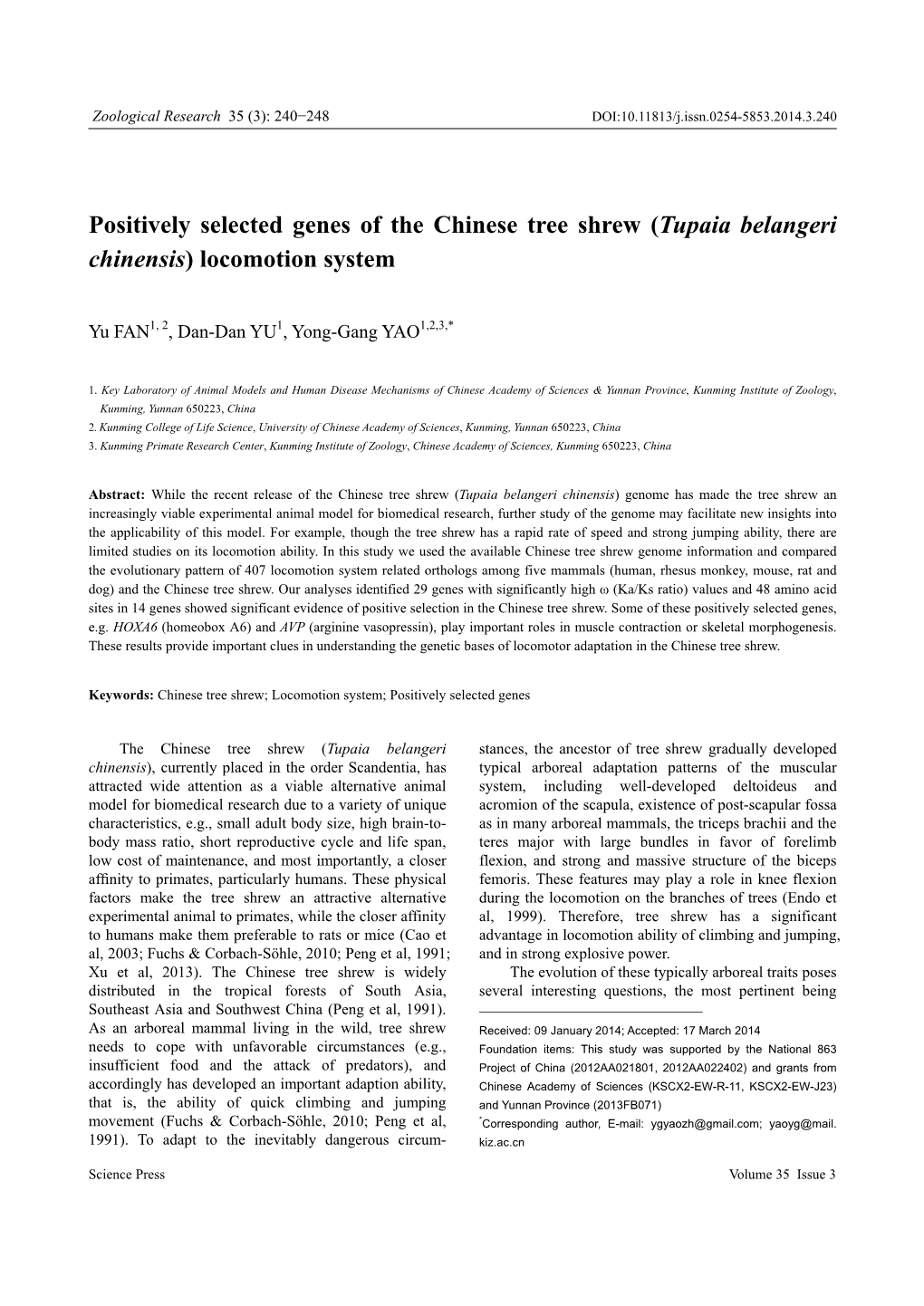 Positively Selected Genes of the Chinese Tree Shrew (Tupaia Belangeri Chinensis) Locomotion System