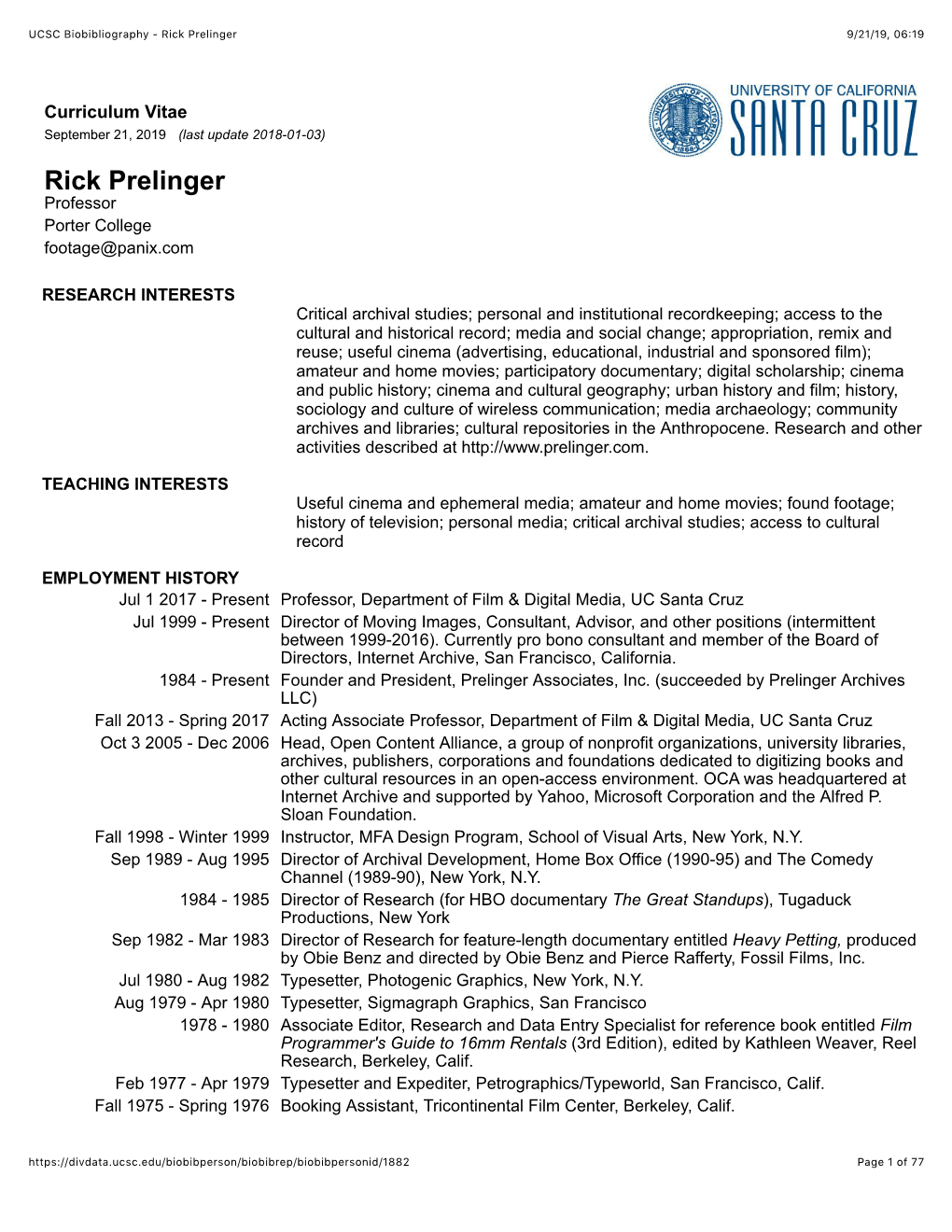UCSC Biobibliography - Rick Prelinger 9/21/19, 06�19