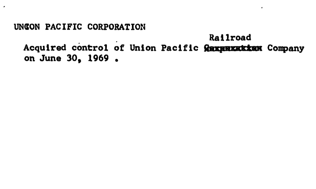 Undon PACIFIC CORPORATION Railroad Acquired Control of Union Pacific Fthtr"•""*•"* Coinpany on June 30, 1969