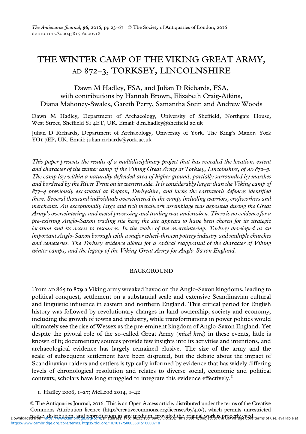 The Winter Camp of the Viking Great Army, Ad 872–3, Torksey, Lincolnshire