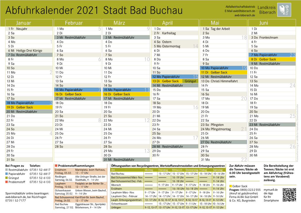 Abfuhrkalender 2021 Stadt Bad Buchau