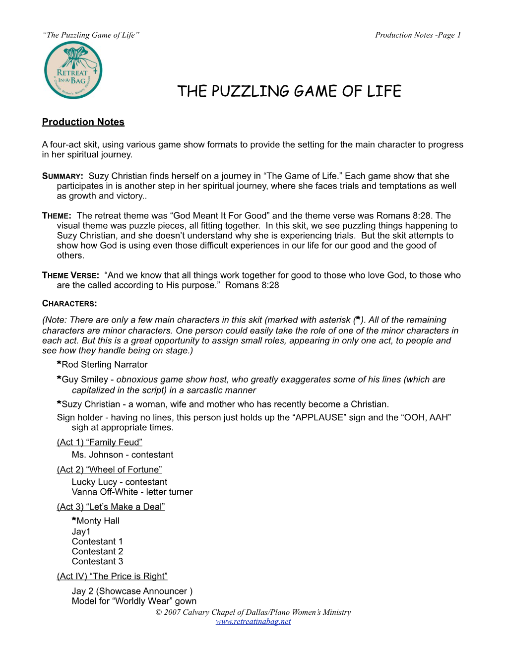 Puzzling Game of Life” Production Notes -Page 1