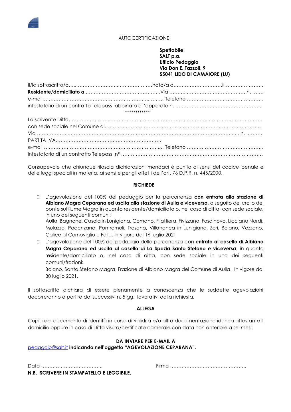 AUTOCERTIFICAZIONE Spettabile SALT P.A. Ufficio Pedaggio Via Don