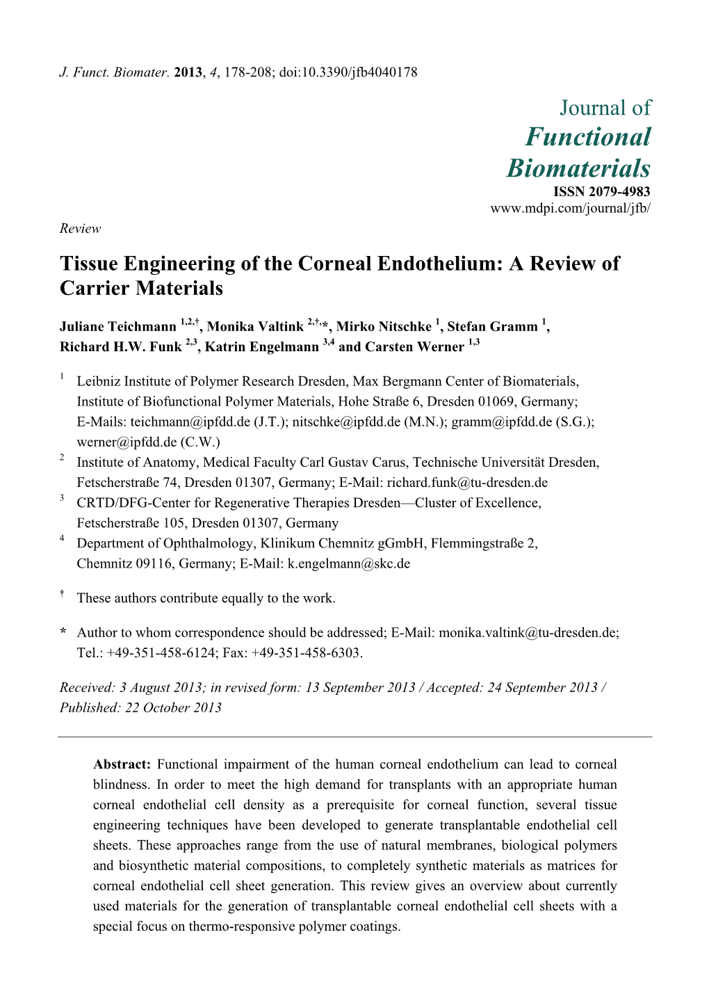 Tissue Engineering of the Corneal Endothelium: a Review of Carrier Materials