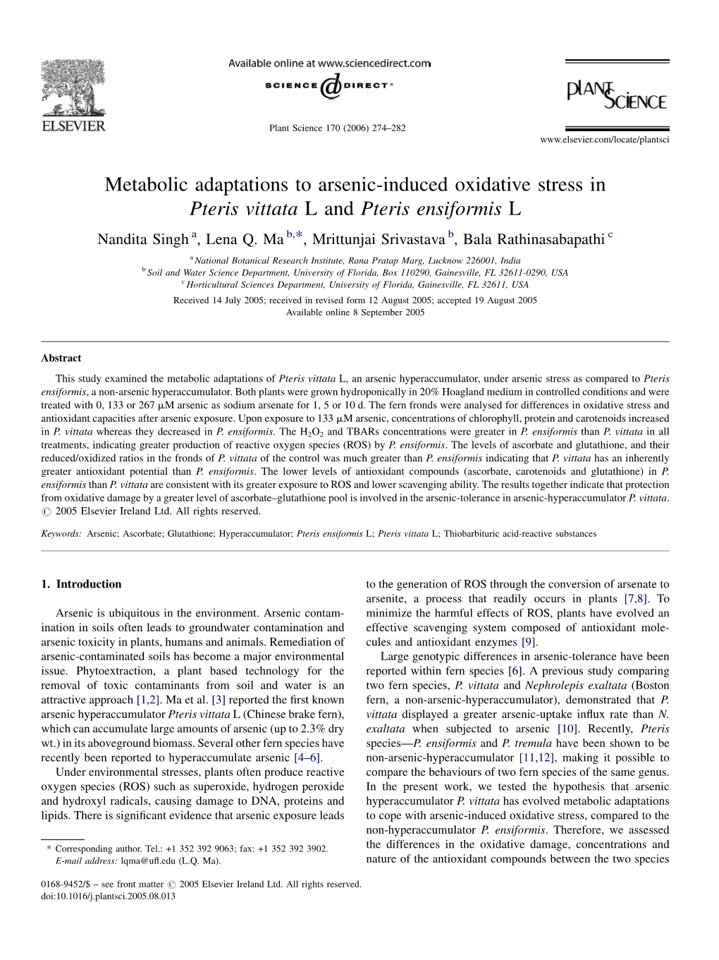 Metabolic Adaptations to Arsenic-Induced Oxidative Stress in Pterisvittata L and Pterisensiformis L