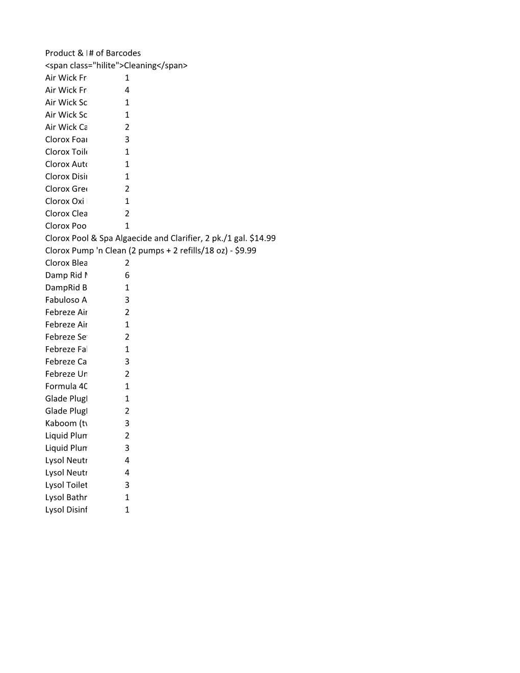 Product & Price# of Barcodes