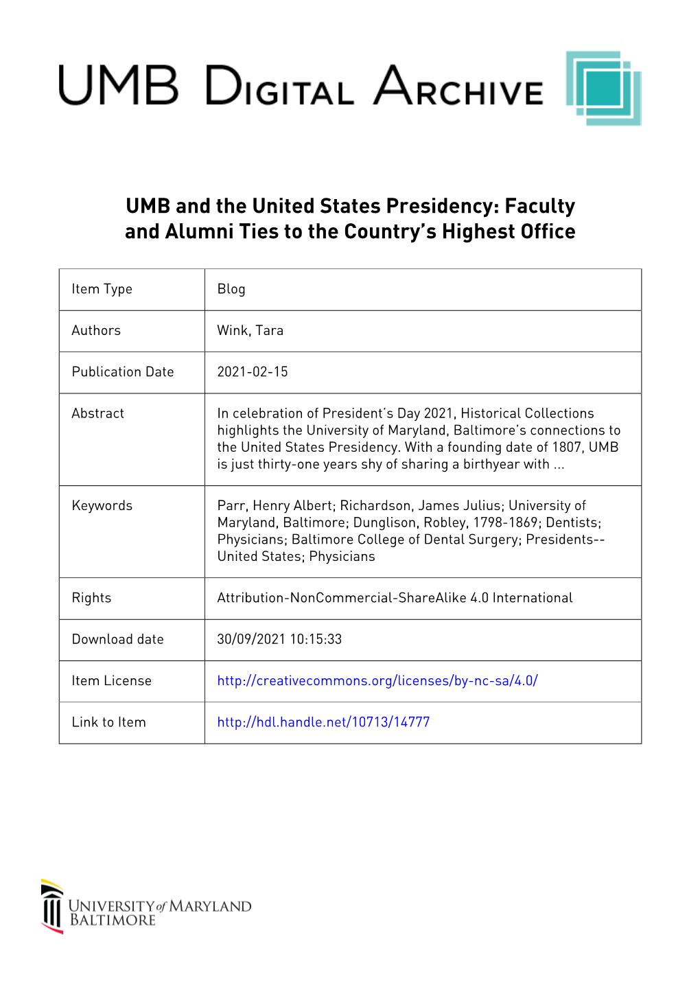 UMB and the United States Presidency: Faculty and Alumni Ties to the Country’S Highest Office