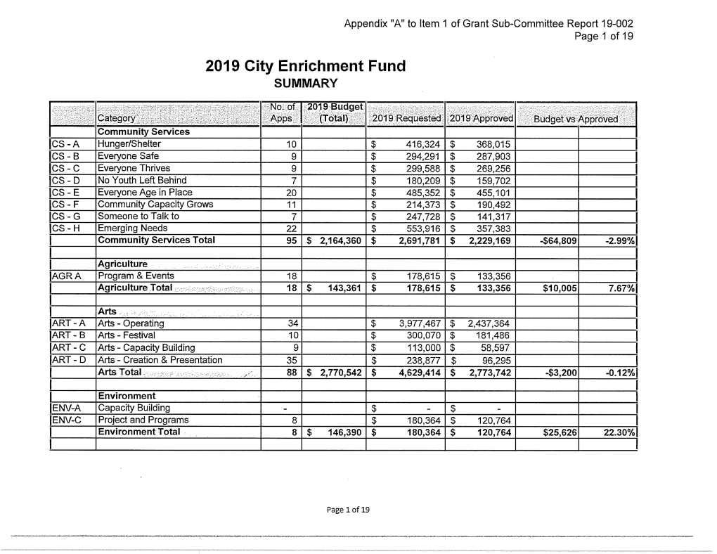 2019 City Enrichment Fund SUMMARY