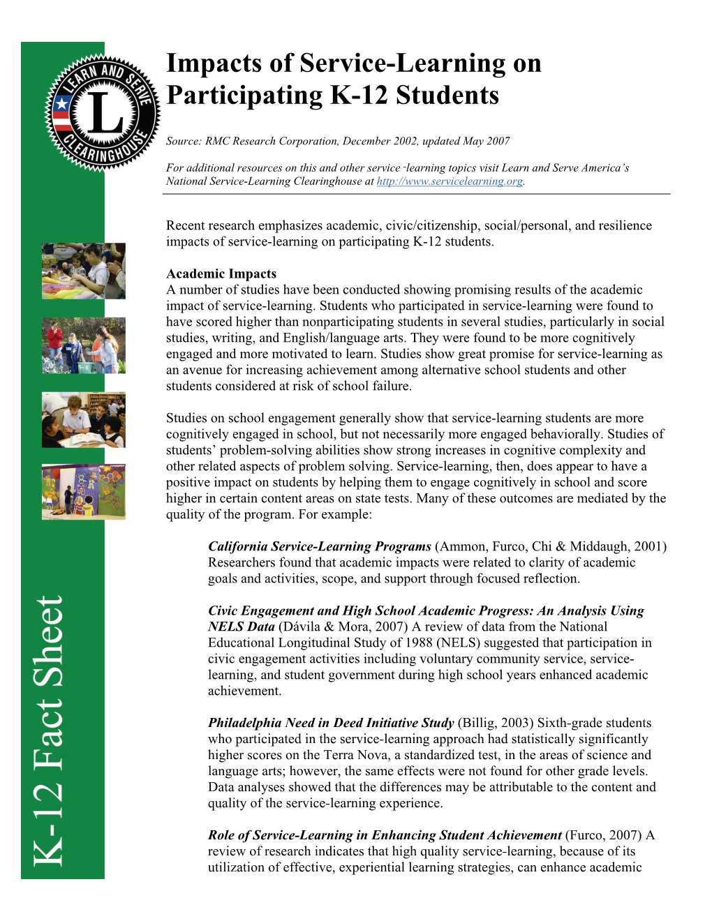 Impacts of Service-Learning on Participating K-12 Students